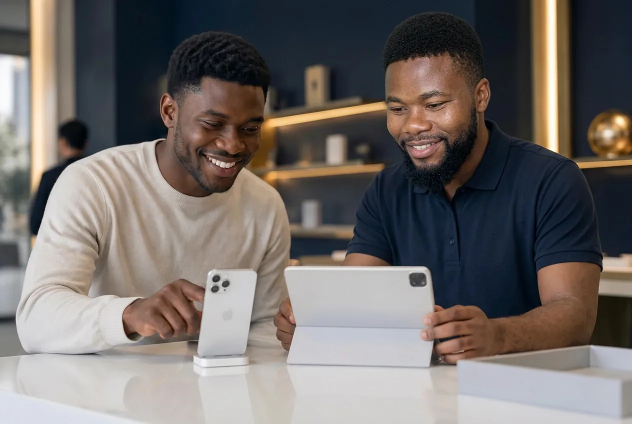 Ephraim Nyadowa helping a customer set up his iPhone and iPad
