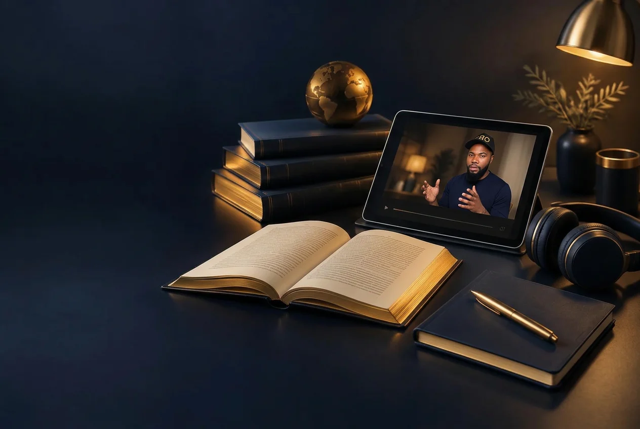 Books, headphones and a tablet showing Ephraim Nyadowa teaching an online lesson
