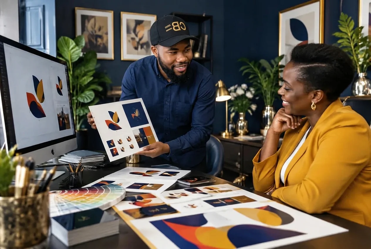 Ephraim Nyadowa presenting brand concepts to a delighted business owner