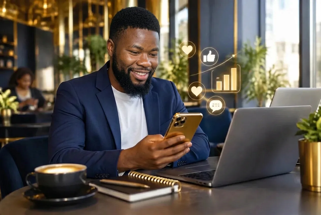 Ephraim Nyadowa smiling at growing social media engagement on his phone